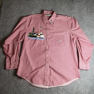 Las Olas Lighthouse Sailing Button Up Long Sleeve Shirt Pink Plaid Check Women L